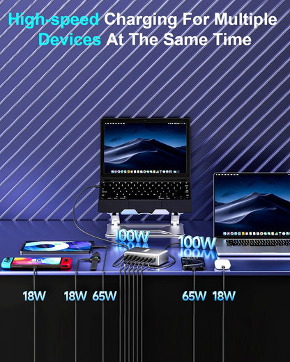 440W Fast USB C GAN Charger Block 8 Port Charging Station HUB Brick Dual PD PPS 100W Wall Charger Compatible with MacBook Pro/Air/All iPad iPhone 16/15/14/13/Pro Max