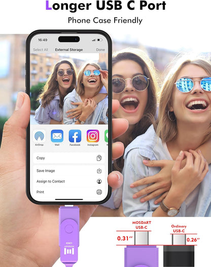 MOSDART 128GB USB3.1 Fast Speed C and A Dual Flash Drive, exFAT Memory Stick with Keychain and LED Indicator, for iPhone 15 and 16, Android Phone, iPad, MacBook, Red and Purple(Pack of 2)