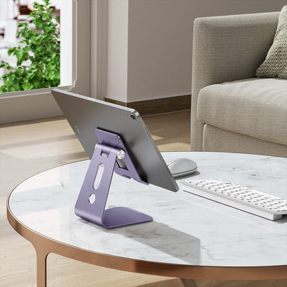 OMOTON Adjustable Tablet Stand for Desk, Upgraded Longer Arms for Greater Stability, T2 Tablet Holder with Hollow Design for Bigger Sized Phones and Tablets Such as iPad Pro/Air/Mini, Purple