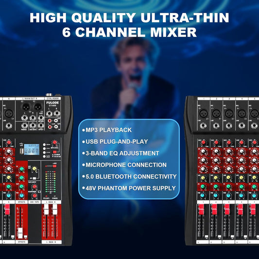 6 Channel Audio Mixer, Professional Music Mixer Board DJ Mixing Console with Bluetooth, USB/MP3 Player, Reverb, and 48V Phantom Power for Studio Recording, Karaoke, and Live Performances