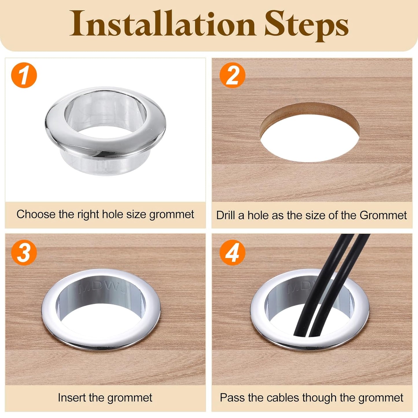 uxcell Desk Grommet, 2-3/16" (55mm) Zinc Alloy Cable Hole Cover Wire Cord Organizer with Marked Cable Ties for Home Office Desktop Wire, Black