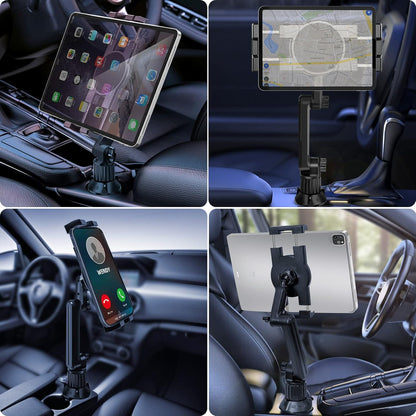 Cup Holder Car Tablet Mount for Truck, 360° Adjustable 15" Long 2-Arm Stand Holder for iPad Pro 12.9/11/10.5/9.7/Air/Mini 6/5/4, Samsung Galaxy Tab/Z Fold 6/5/4, iPhone 16/15/Pro, 4.7-12.9" Tab &Phone