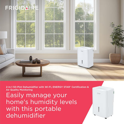 Frigidaire Gallery 2-in-1 50-Pint Portable Dehumidifier with Wi-Fi, Energy Star Certification & Air Quality Monitoring for Medium/Large Rooms & Basements, Custom Humidity Control, Auto Shut Off, White