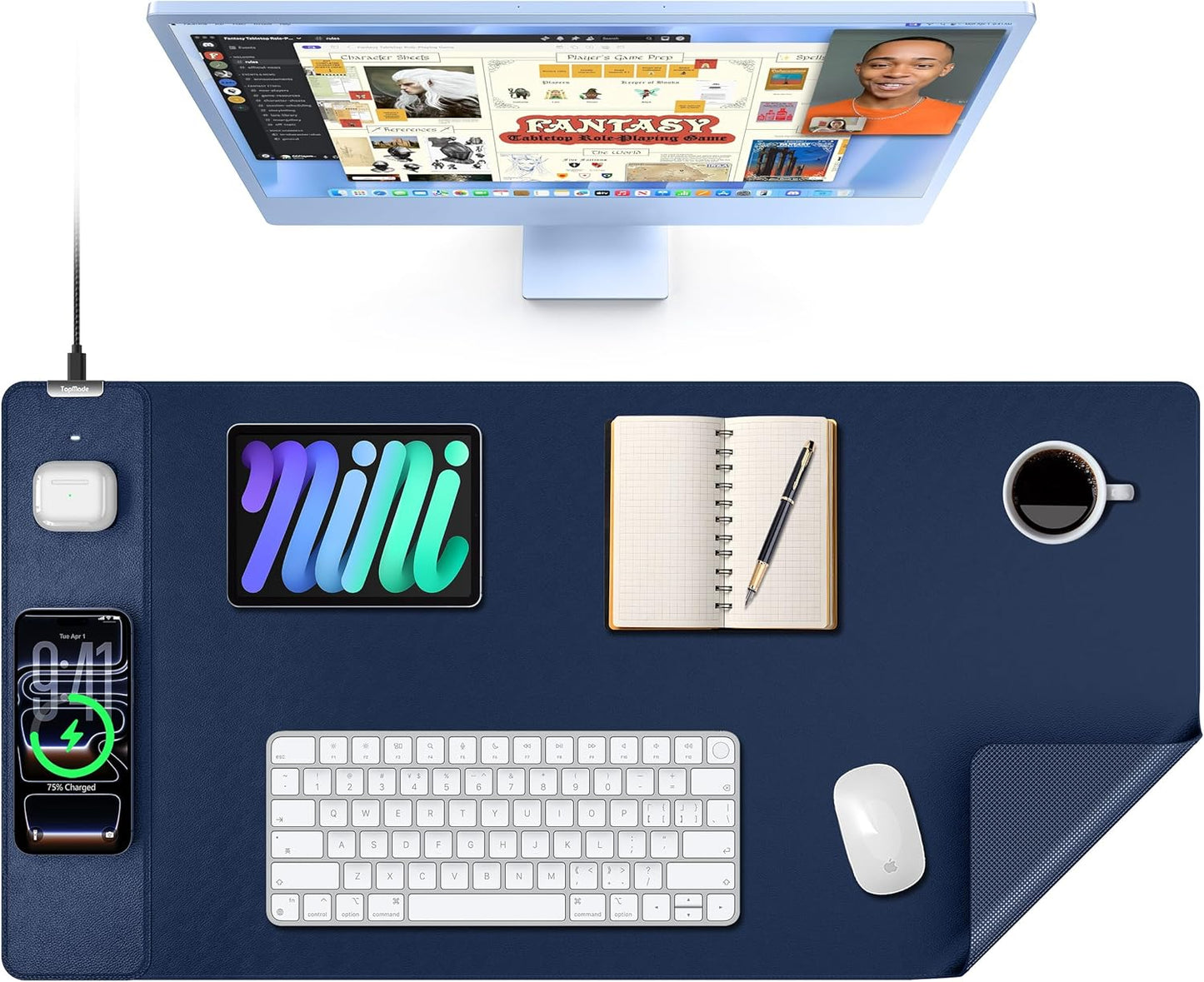 TopMade Mouse Pad with 15W Wireless Charging, XXL Large Leather Desk Mat, Waterproof Gaming Mousepad Home Office Desk Pad Protector, Computer Keyboard Pad, Mouse Mat for for MacBook, PC, Laptop, Blue