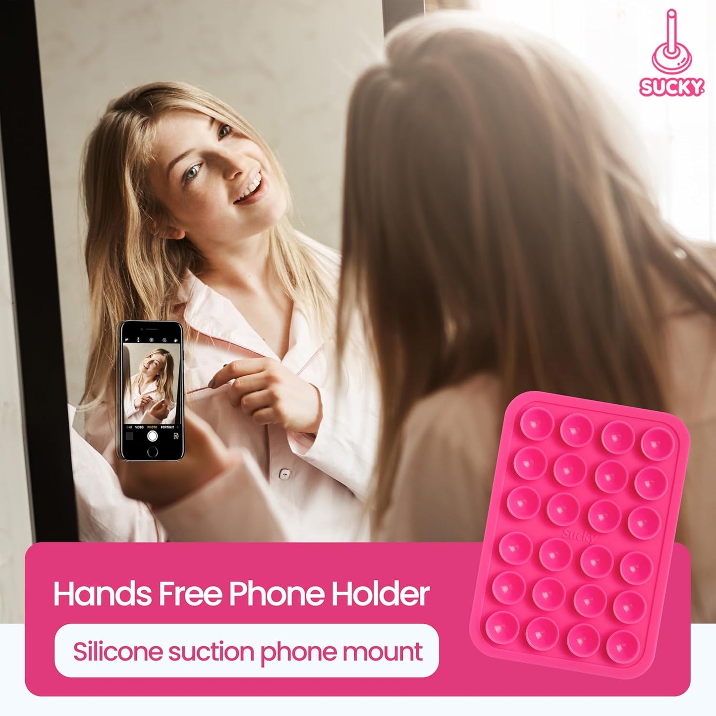 SUCKY Silicone Suction Phone Case Adhesive Octo Cup Buddy Mount - Anti-Slip Holder, Hands-Free Phone Accessory for iPhone & Android - Sticky Grip for Selfies, Videos - Hot Pink