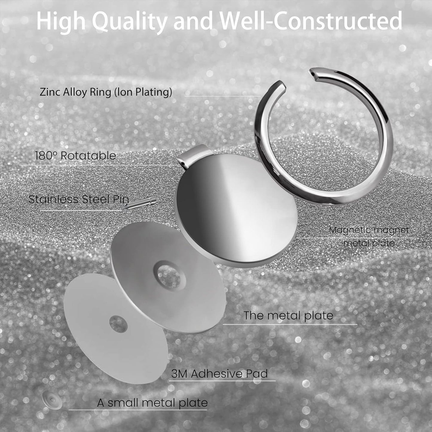 Metal Cell Phone Ring Holder Finger Ring Stand, 360 Degree Rotation Ring Kickstand Grip Holder for Magnetic Car Mount, Silver