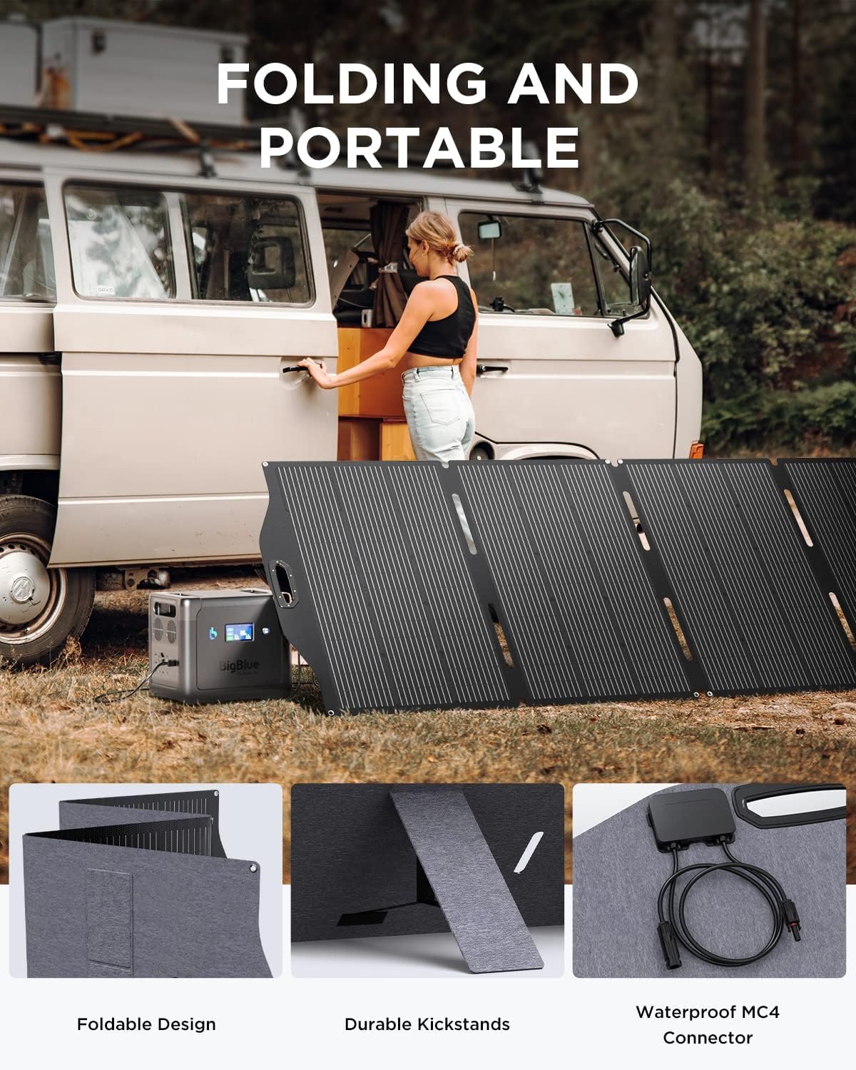 ETFE Solar Panels 400 Watts, BigBlue SolarPowa 400 Portable Solar Charger with Kickstands and MC-4(51.3V/7.8A), IP68 Waterproof, Charge Fast Cellpowa 2500 Power Station for Camping, RV Off Grid System