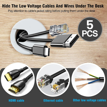 2" White Desk Grommet, JTemgle Plastic Cable Hole Cover Computer Table Cord Wire Organizer Caps Desktop Cord Management for Home Office TV Stands Tabletops, 5 Pieces