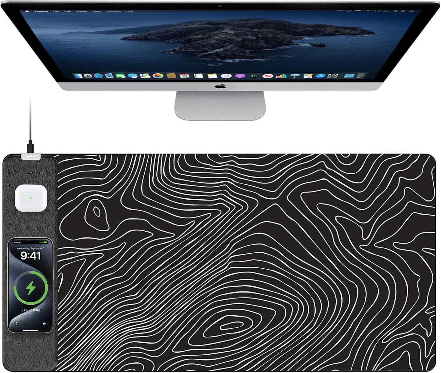 TopMade Mouse Pad with 15W Fast Wireless Charging, 31.5"x15.75" XXL Large Gaming Waterproof Desk Pad with Ultra-Smooth Surface, Non-Slip Base, Computer Desk Mat, Black Topographic Map #1