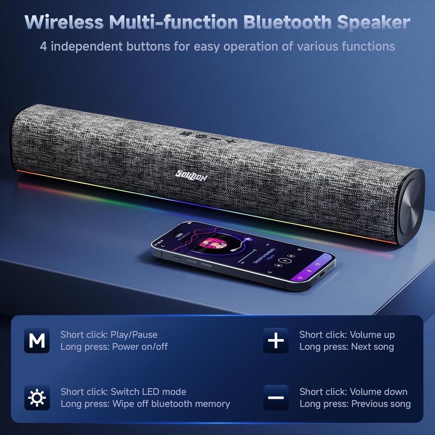SOULION R100 Plus Computer Speakers with Dynamic RGB Light, Rechargeable Bluetooth Speaker with Switch Button, Clearly Sound Soundbar for Desktop Monitor, PC, Tablets(3.5mm Aux Connection Included)