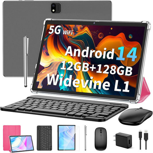 Android 14 Tablet with Keyboard, 12GB RAM (6+6), 128GB Storage, 1TB Expandable, 8000mAh Battery, 10 Inch 2-in-1 Tablets, Includes Case, Mouse & Stylus（Pink）