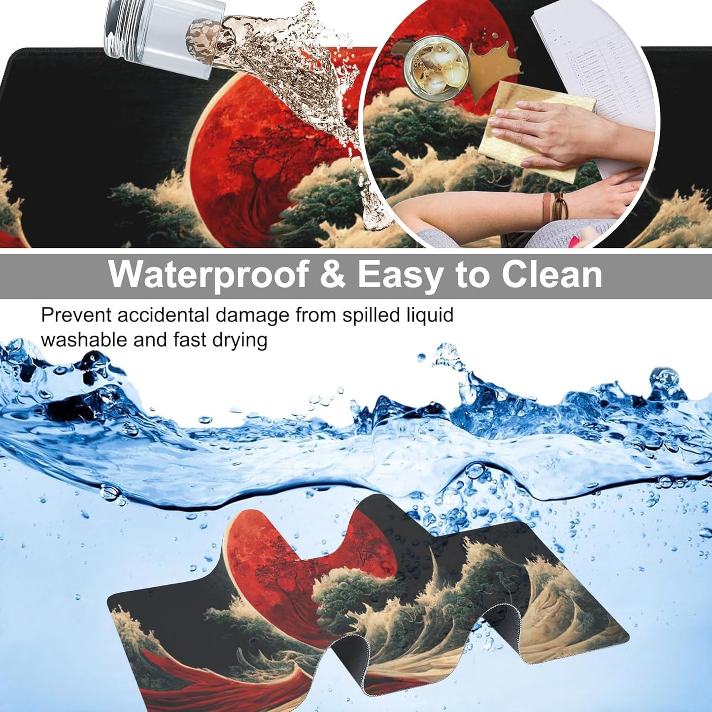 Red Moon Above The Sea Desk Mat,Large Chinese Style Landscape Gaming Keyboard Mouse Pad,Non-Slip Rubber Base Desk Pad Thick Stitched Edges Waterproof Mousepad Mouse Mat 31.5"x11.8"