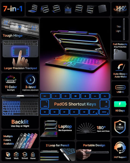 typecase Touch Case with Keyboard for iPad Pro 13-inch(M4, 2024), iPad Air 13-inch(M3, 2025/M2, 2024) & iPad Pro 12.9(6th/5th/4th/3rd Gen), Trackpad, 360° Rotatable, 11-Colors Backlit, Midnight Gray