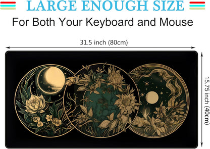 Aesthetic Celestial Desk Mat Vintage Flowers Desk Pad Large Mouse Pad Gaming Mousepad Extended XXL Computer Mat 31.5x15.75 in, Cute Laptop Keyboard and Mouse Mat for Women Office Desk Decor Pad