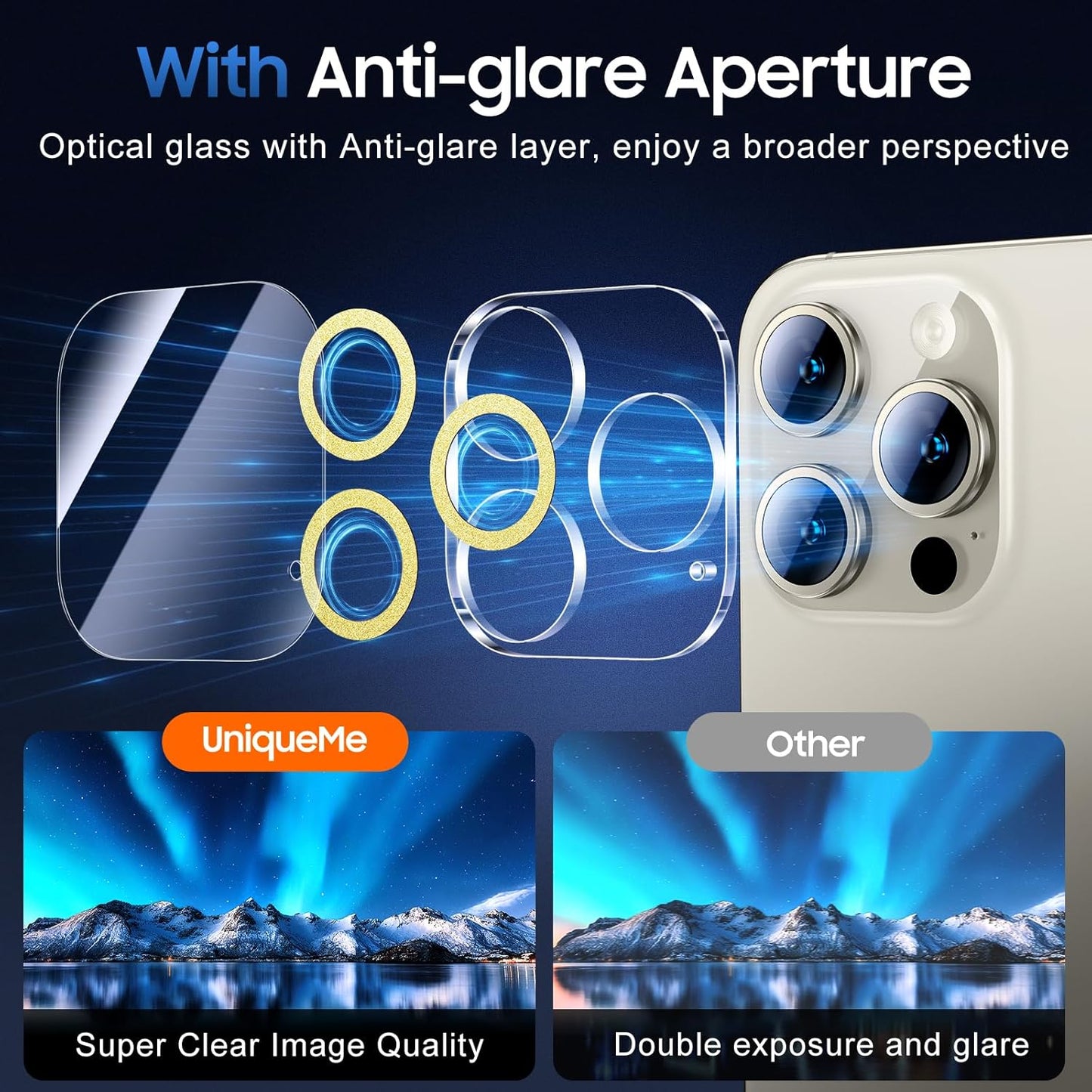 UniqueMe for 3 Pack iPhone 15 Pro/iPhone 15 Pro Max Camera Lens Protector, [Drop Protection] [Case Friendly] 9H Tempered Glass Camera Cover Screen [Update New Version] - Glitter Golden