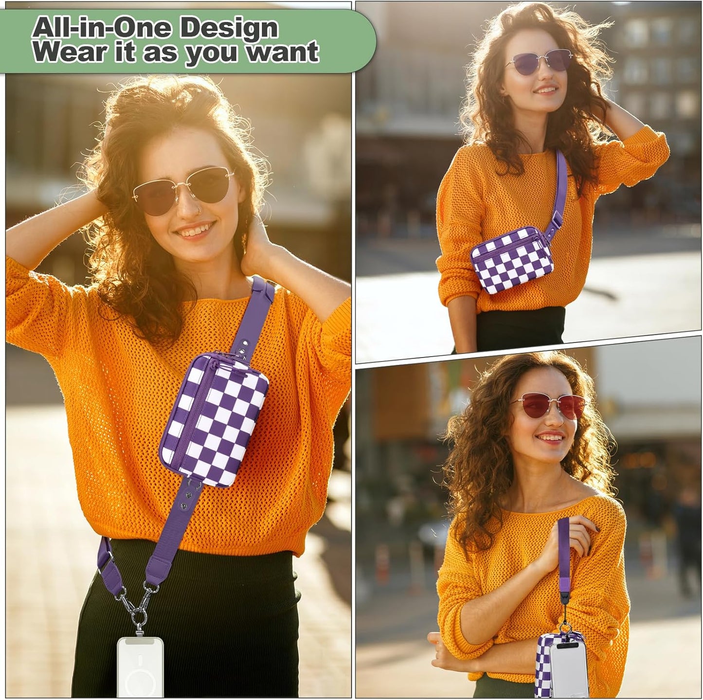 Clip and Go Strap for Phone with Wallet Crossbody, Adjustable Phone Lanyard with Detachable RFID Wristlet Wallet, Phone Strap with Phone Tabs for All Phones, Purple Checkered (M)