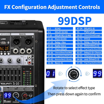 S-10 Audio Mixer 10 channel 8 channel Professional DJ Mixing Console with Reverb MP3 Player Bluetooth 48V Phantom Power Supply USB Recording for Studio Karaoke Live Music
