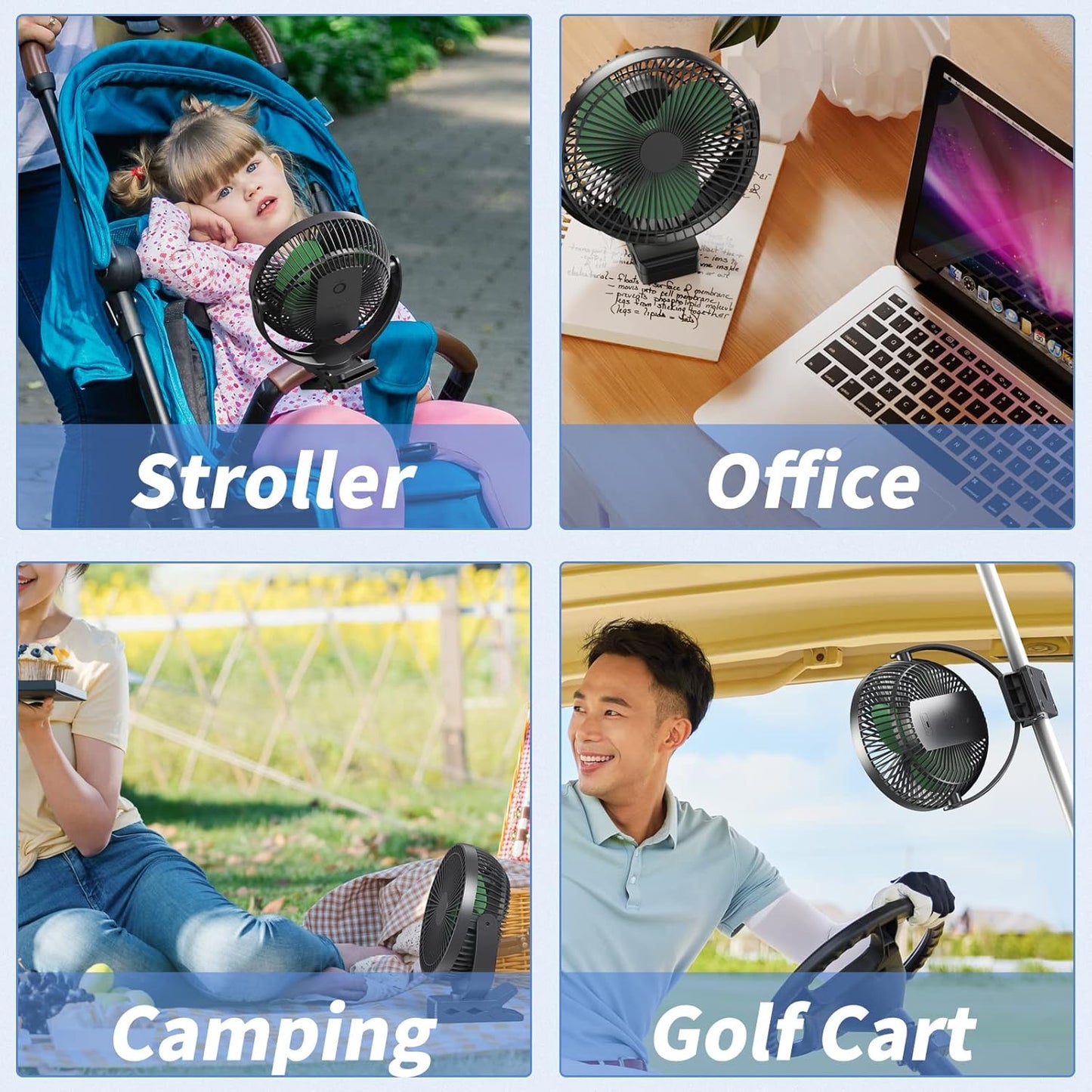 Clip on Fan, Rechargeable Portable Fan, 8 Inch Small Desk Fan - 10000mAh Battery Powered Fan with 4 Speed, 360° Rotation Personal Fan Suitable for Golf Cart, Bedroom, Travel and Camping (Green)