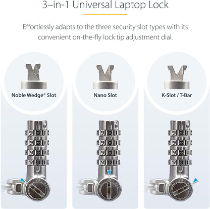 StarTech.com Universal Laptop Lock 6.6ft (2m), Security Cable for Notebooks Compatible with Noble Wedge/Nano/K-Slot, Keyless Combination Locking Cable, Cut-Resistant Cable, TAA (UNIVC4D-LAPTOP-LOCK)