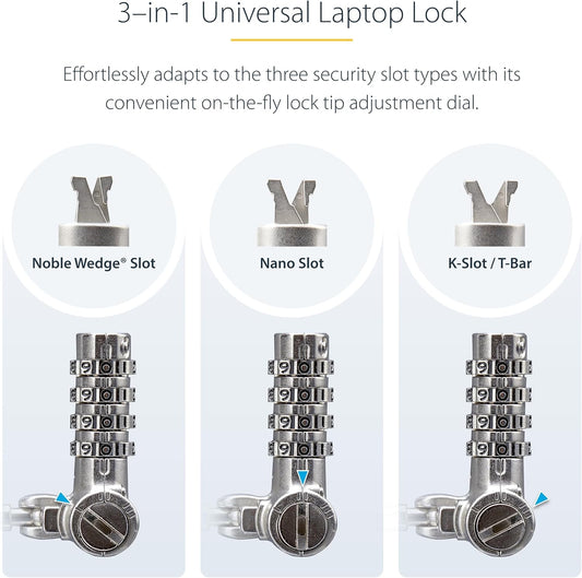 StarTech.com Universal Laptop Lock 6.6ft (2m), Security Cable for Notebooks Compatible with Noble Wedge/Nano/K-Slot, Keyless Combination Locking Cable, Cut-Resistant Cable, TAA (UNIVC4D-LAPTOP-LOCK)