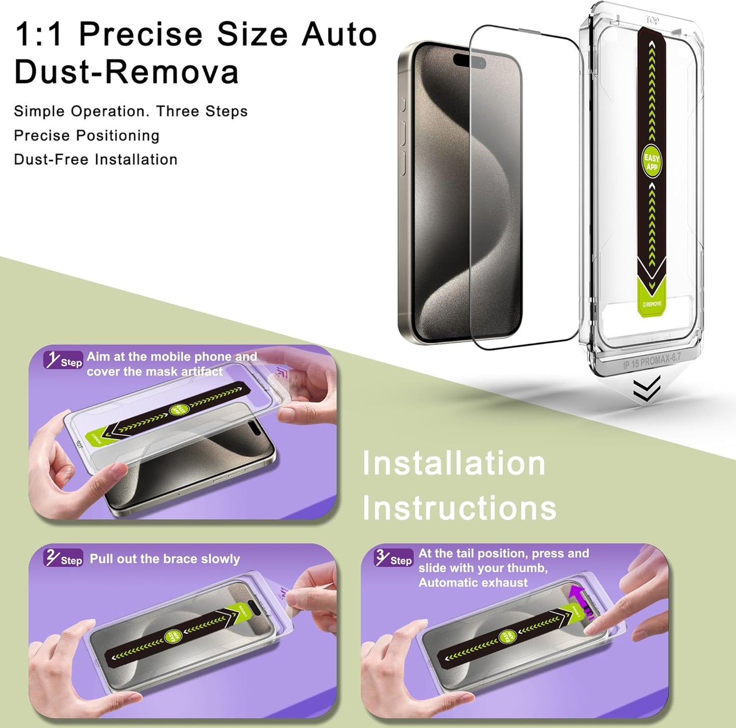 [2-Pack Ultra HD Clear Screen Protector for iPhone 15 Pro Max (6.7-Inch),9H Tempered Glass,Full Coverage,Anti-Fingerprint,Auto Dust Removal,Bubble-Free,Easy Installation