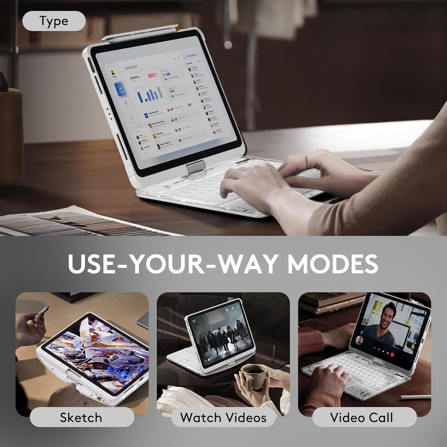 GUSGU Transparent Case with Wireless Keyboard for iPad 11th Gen 11-in.(A16, 2025), 2022 iPad 10th Gen 10.9-in, 7 Colors Backlight, Trackpad, 360°Rotating Stand, Tech Style