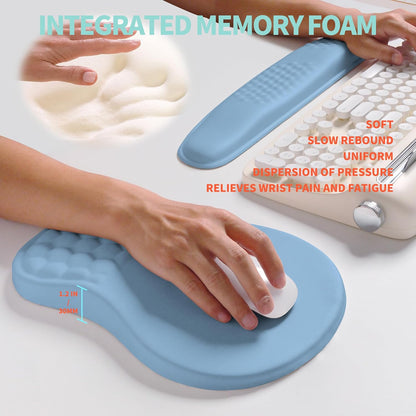 2-in-1 Ergonomic Set, Wave Rise Keyboard Wrist Rest and Massage Bulge Slope Mouse Pad Wrist Support, Cushion Memory Foam Integrated to Relieve Wrist Pain, Lake Blue
