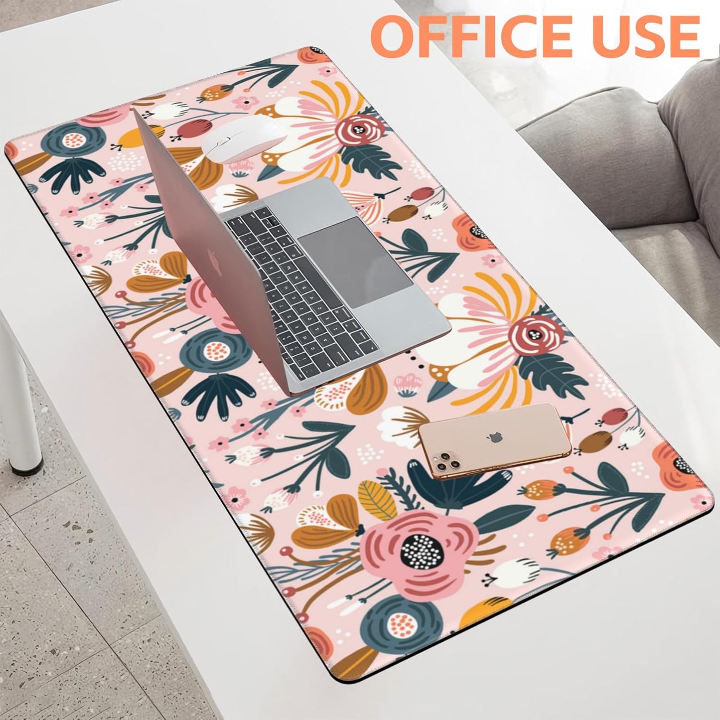 Mouse Pad Large Flowers and Leaves Non-Slip Game Desk Mat with Stitched Edge Laptop Keyboard Desk Pad for Work Home Gaming (35.4 x 15.7 Inches)