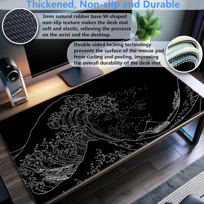 Japanese Great Wave Off Kanagawa Gaming Mouse Pad - XL Extended Ukiyo-e Art Desk Mat, Non-Slip Waterproof Rubber Base & Stitched Edges, 31.5 x 15.7 Inch Large Computer Mousepad