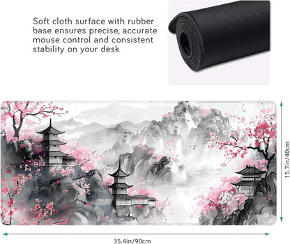 Japanese Cherry Blossom Large Mouse Pad,Gaming Keyboard Desk Pad,Extended Mouse Mat Non-Slip Rubber Base with Stitched Edges for Office Game Home XXL 35.4"x15.7"