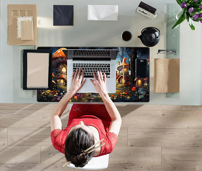 Cute Anime Mushroom Desk Pad Floral Desk Mat, XXL Large Extended Mousepad Gaming Mouse Pad Computer Mat with Stitched Edges, Fantasy Office Decor Laptop Keyboard and Mouse Mat, 31.5x15.75 in