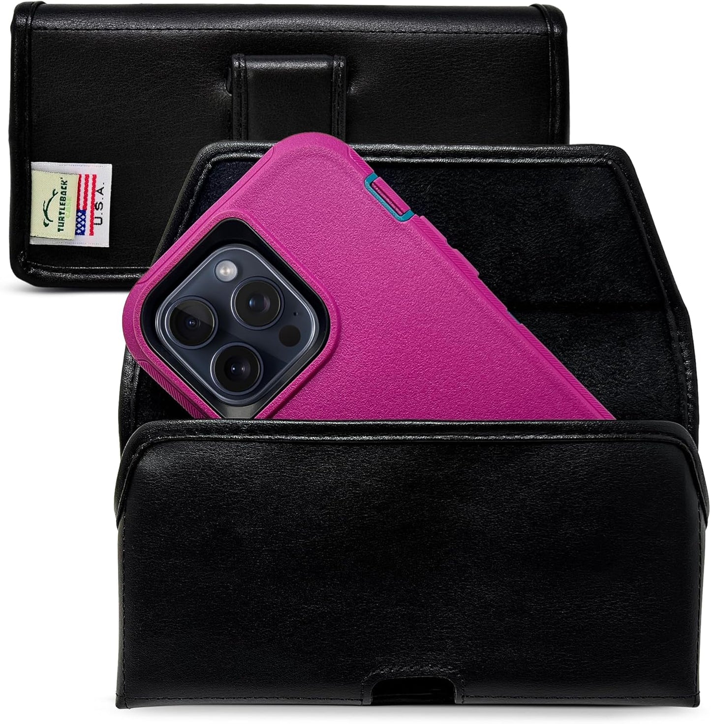 Turtleback Belt Holder for iPhone 16 Pro Max, 15 Pro Max, 14 Pro Max -Large- Fits w/Defender Bulky Style Cases, Premium Black Leather, Horizontal Case, Magnetic Close, Leather Wrapped Belt Clip