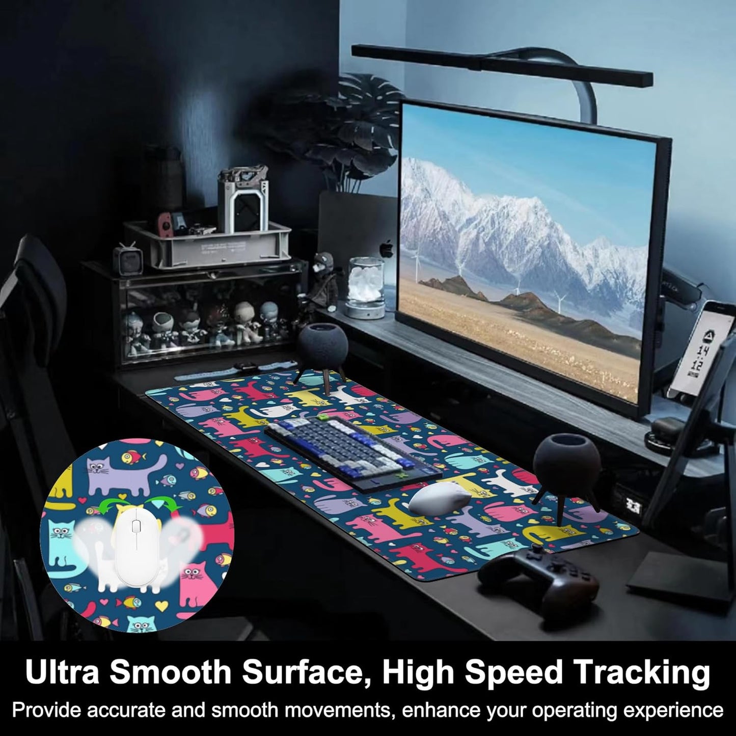 Mouse Pad, Large Cartoon Cats and Fish Desk Mat, Extended Non-Slip Gaming Keyboard Mousepad Desk Pad, Thick Stitched Edges Waterproof Mouse Mat 31.5"x15.7" (Funny Doodle Kittens)