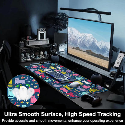 Mouse Pad, Large Cartoon Cats and Fish Desk Mat, Extended Non-Slip Gaming Keyboard Mousepad Desk Pad, Thick Stitched Edges Waterproof Mouse Mat 31.5"x15.7" (Funny Doodle Kittens)