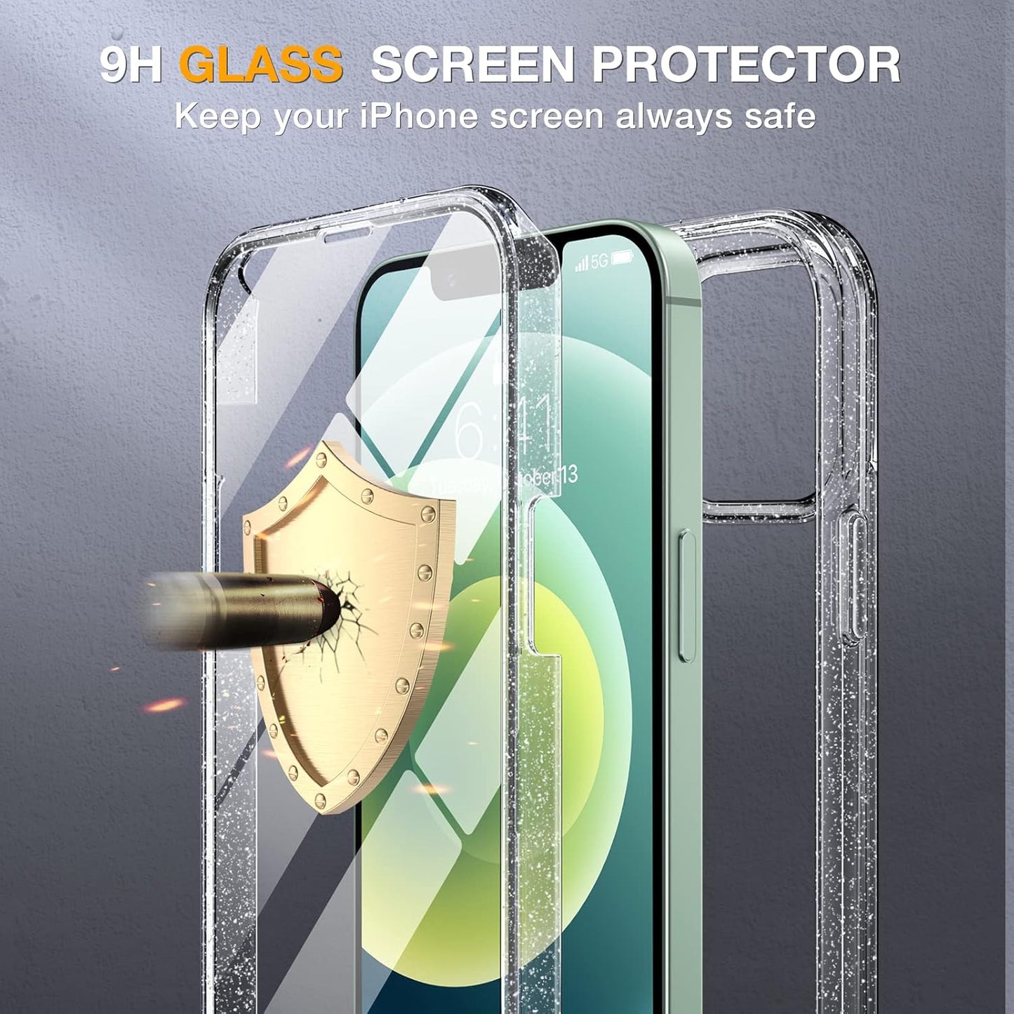 Miracase Glass Series for iPhone 12/12 Pro Case 6.1 inch, Upgraded Full-Body Rugged Phone Bumper Case Cover with Built-in 9H Tempered Glass Screen Protector and Camera Protector, Clear Glitter