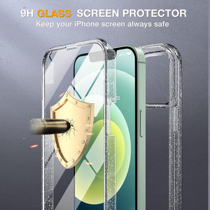 Miracase Glass Series for iPhone 12/12 Pro Case 6.1 inch, Upgraded Full-Body Rugged Phone Bumper Case Cover with Built-in 9H Tempered Glass Screen Protector and Camera Protector, Clear Glitter