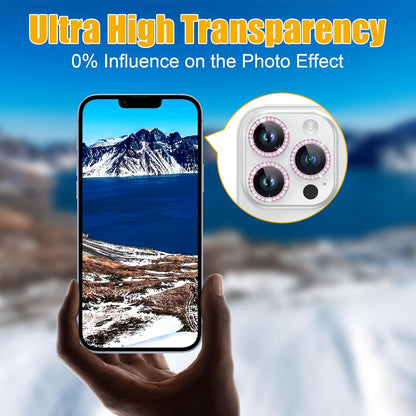 AGVEE 3+3 6 Pack for iPhone 14 Pro 6.1" / 14 Pro Max 6.7" Camera Lens Cover Protector, Bling Diamond & Bling Glitter Metal Ring 9H Tempered HD Glass Camera Cover Protector Film, Bling-Rose