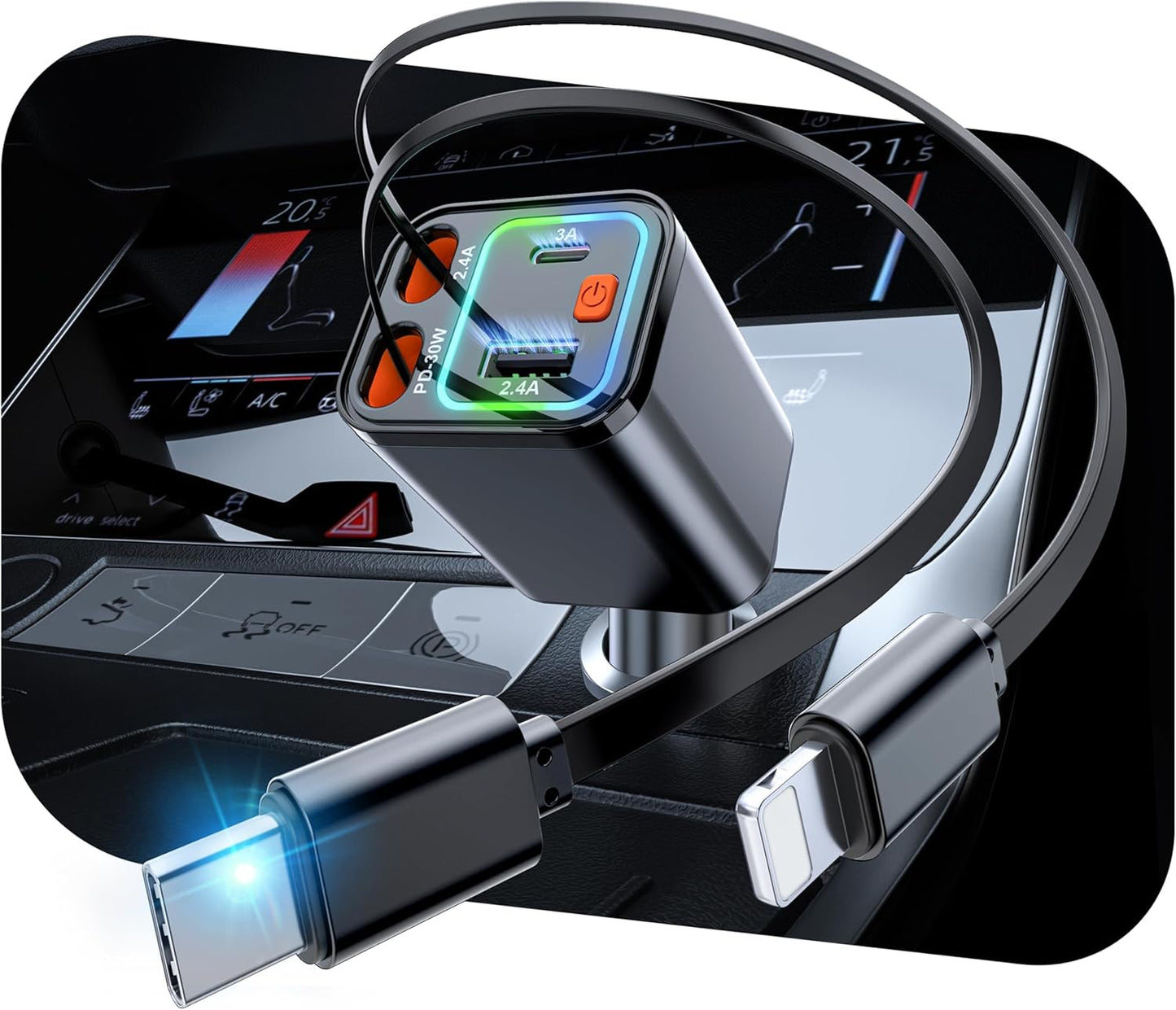 Retractable Car Charger 84W, 4-in-1 Fast Car Charger with Retractables 2.6ft, Cigarette Lighter Charging Block USB+USB C Cube for iPhone 16 Pro MAX 15 14 13 12 Plus,Samsung Galaxy,Pixel