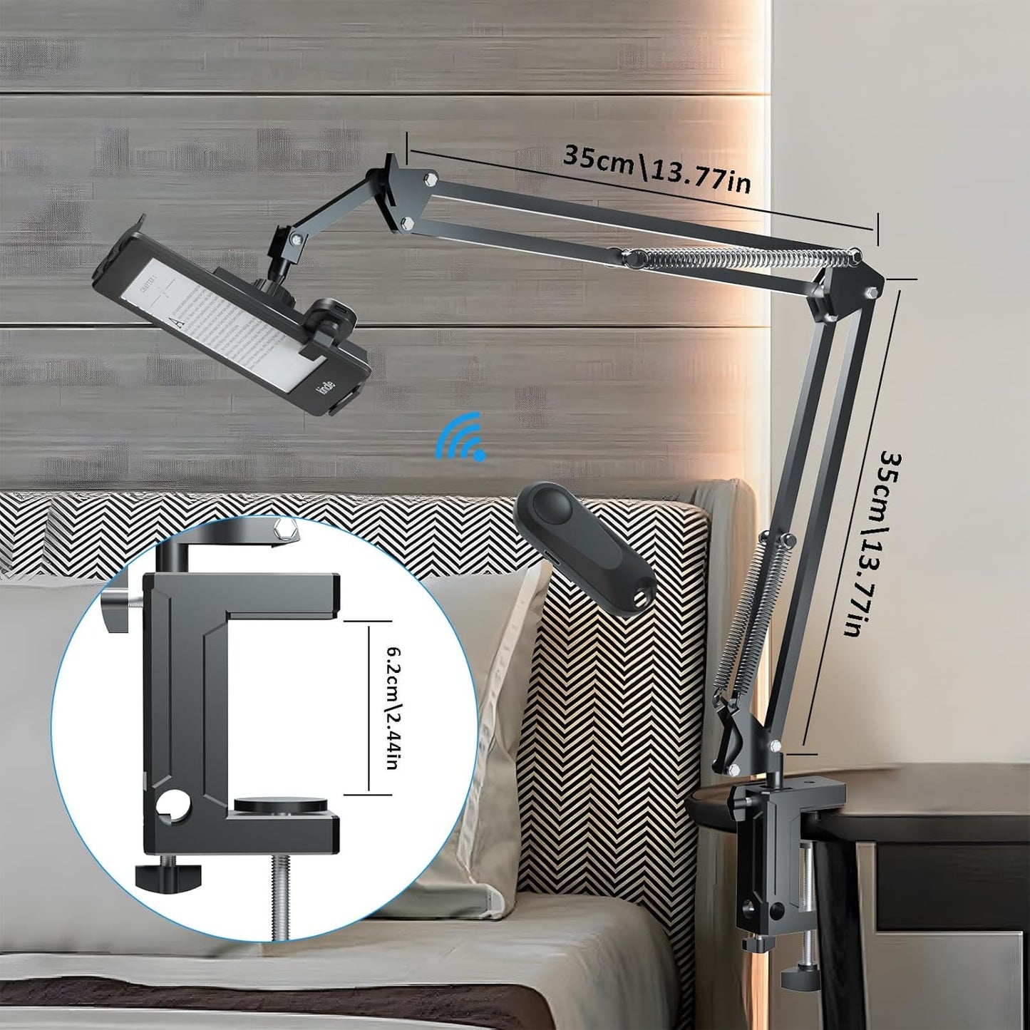 Tablet Holder for Kindle Reading in Bed with Remote Page Turner, Easy Adjust Hands Free Lazy Arm Mount for Kindle Accessories, Gifts for Readers