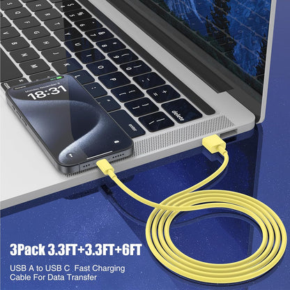 3-Pack Yellow [3.3FT+3.3FT+6FT] USB A to USB C Cable，USB to USB C Car Carplay Cable for iPhone 16 15 Pro Plus Pro Max，for iPad Pro/Air/Mini，for Samsung S24/S23/S22/S21，for MacBook Pro/Air and More