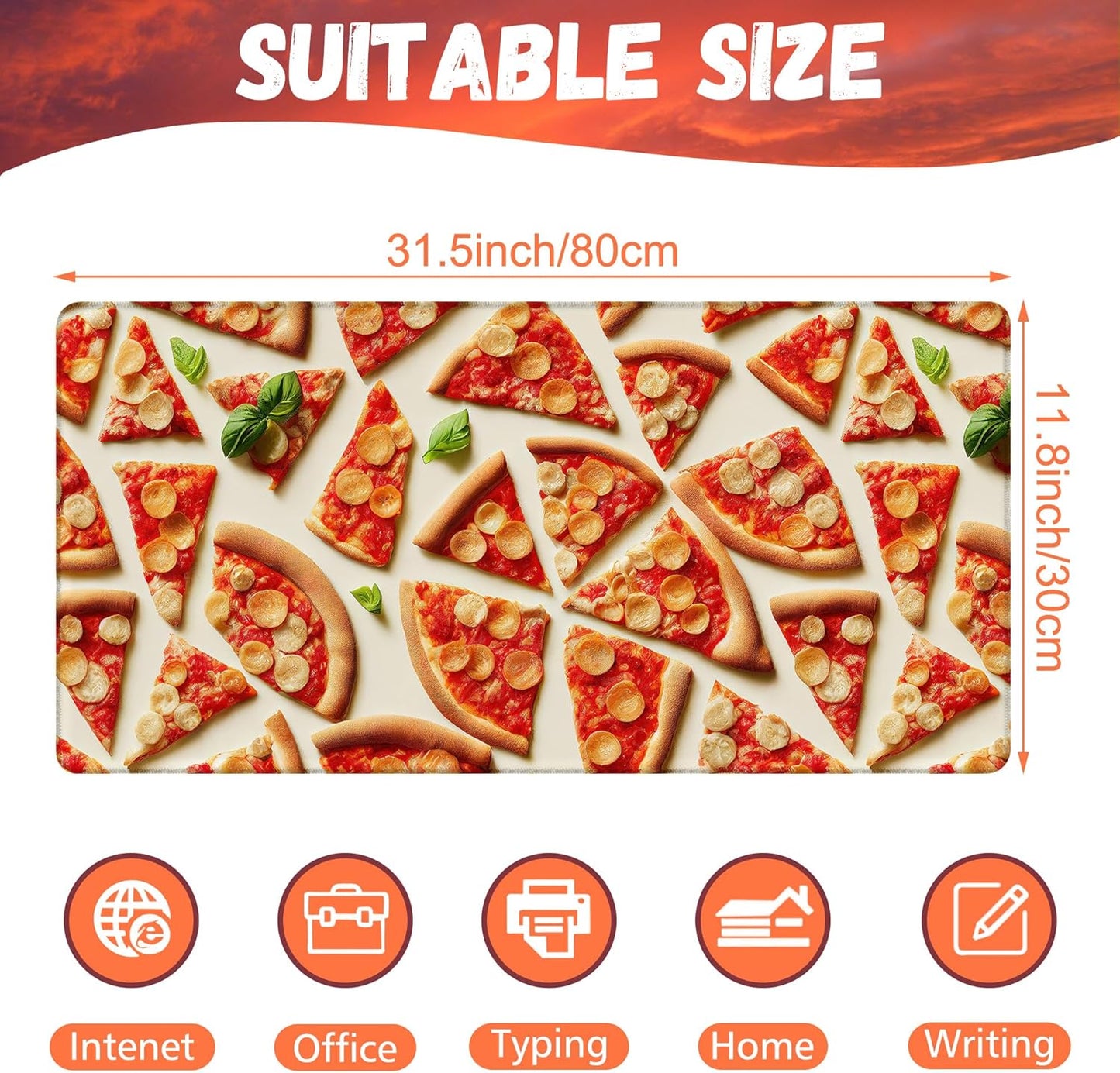 Desk Mat, Realistic Pizza Slices Desk Pad, Pizza Food Large Gaming Mouse Pad for Desk, 31.5"x15.7" Extended Big Computer Keyboard Mouse Pad with Non-Slip Base and Stitched Edge