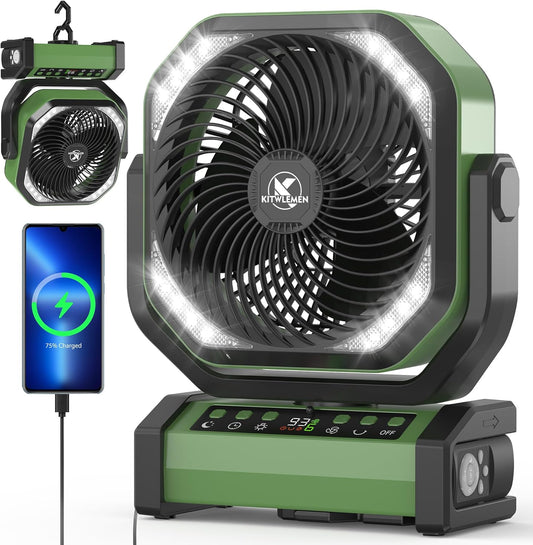 Camping Fan with Light - 20000mAh Rechargeable Battery Fan, 112Hrs Max Run Time, 8 Speeds, Digital Display, Timer, Auto Oscillation, 270° Pivot & Hook for Camping, Power Outage, Hurricane (Army Green)
