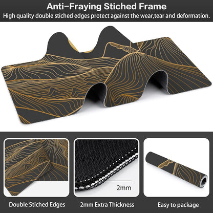 Abstract Golden Mountain Desk Mat,Large Gold Line Art Gaming Keyboard Mouse Pad,Non-Slip Rubber Base Desk Pad Thick Stitched Edges Waterproof Mousepad Mouse Mat 31.5"x11.8"