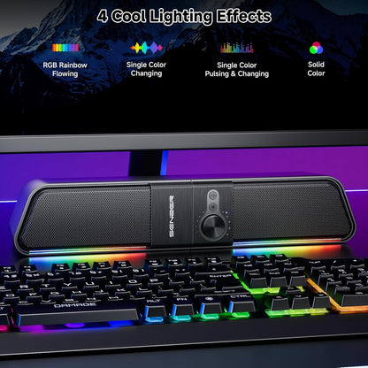 SENZER CS20 2 in 1 Bluetooth Computer Speakers for Desktop, USB Plug & Play Clear Sound PC Speakers with RGB Light, Monitor Sound Bar with Volume Knob, Gaming Speaker for PC Laptop Phone Tablet