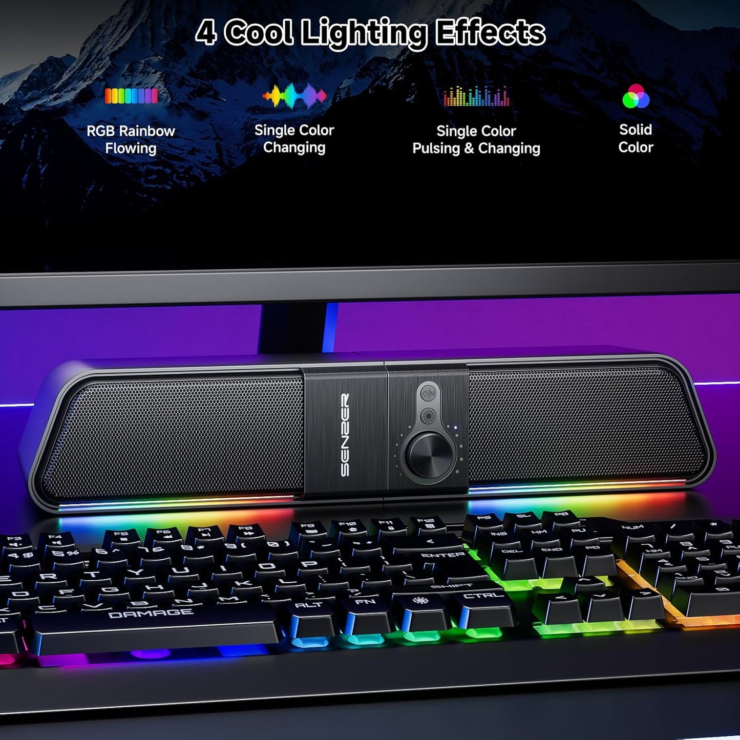 SENZER CS20 2 in 1 Bluetooth Computer Speakers for Desktop, USB Plug & Play Clear Sound PC Speakers with RGB Light, Monitor Sound Bar with Volume Knob, Gaming Speaker for PC Laptop Phone Tablet