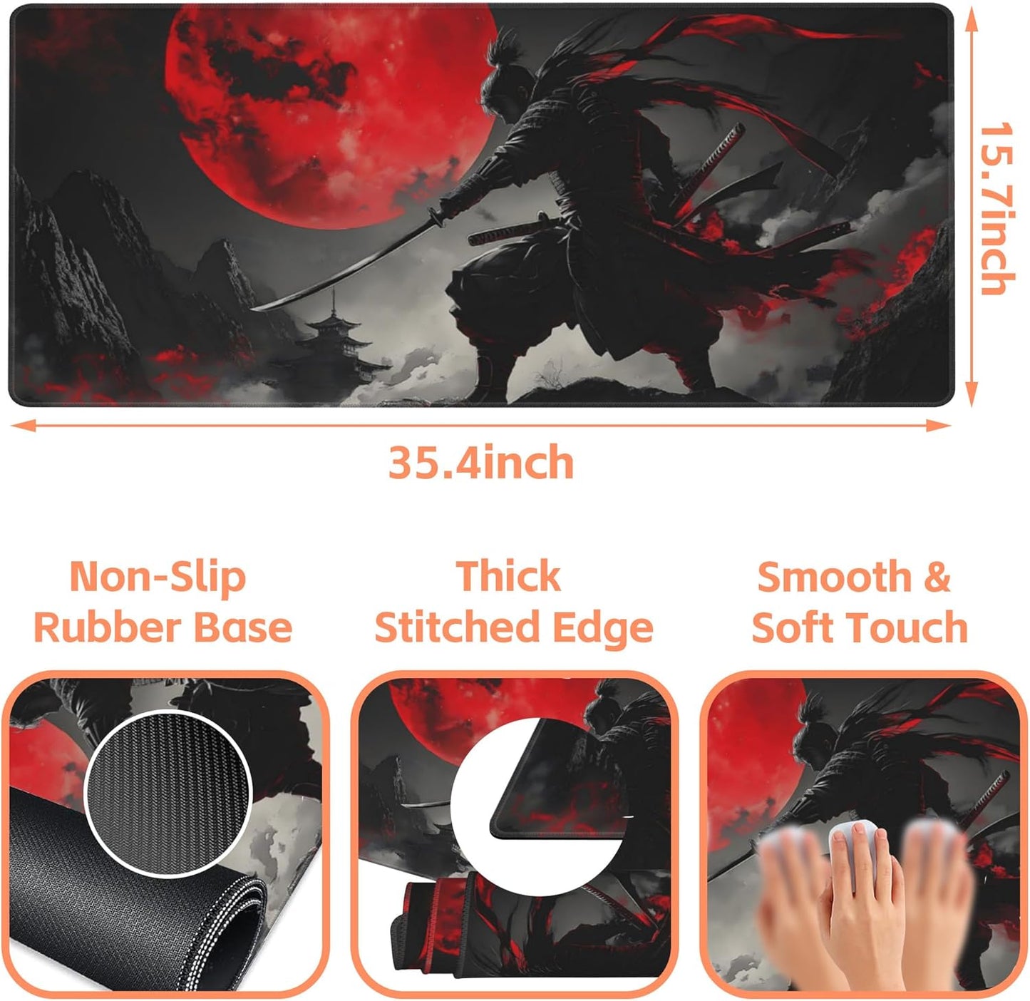 Mouse Pad Large Anime Samurai Non-Slip Gaming Desk Mat with Stitched Edge Laptop Keyboard Desk Pad for Work Home Gaming (35.4 x 15.7 Inches)