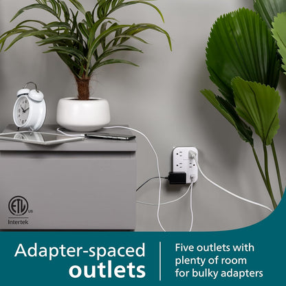 Philips EZFit 5-Outlet Extender Wall Tap with Surge Protection, Grounded Adapter, Charging Station, 3 Prong, 1 USB-A, 1 USB-C, 900J, White, SPP3513W/37