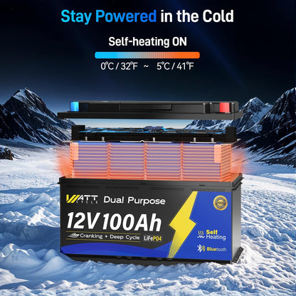 12V 100Ah Bluetooth LiFePO4 Battery, [Cranking &Deep Cycle] Lithium Battery with Self-Heating, Built-in 200A BMS, Perfect for Trolling Motor, RV, Marine, Boat(4 Pack)