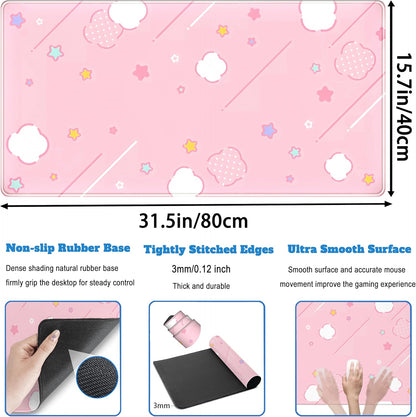Pink Mouse Pad Large Desk Mat Gaming, Kawaii Desk Pads Stars Mouse Mat XXL Cute Keyboard Pad, Laptop Computer Mat with Non-Slip Base & Stitched Edges, Office Decor for Women 31.5" x 15.7"