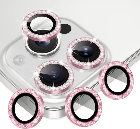 AGVEE 3+3 6 Pack for iPhone 16 Pro 6.3" / 16 Pro Max 6.9" Camera Lens Cover Protector, Bling Diamond & Bling Glitter Metal Ring 9H Tempered HD Glass Camera Cover Protector Film, Bling-Pink